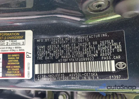 2015 Toyota Camry Se z USA, uszkodzony, nr VIN 4T1BF1FK1FU089922